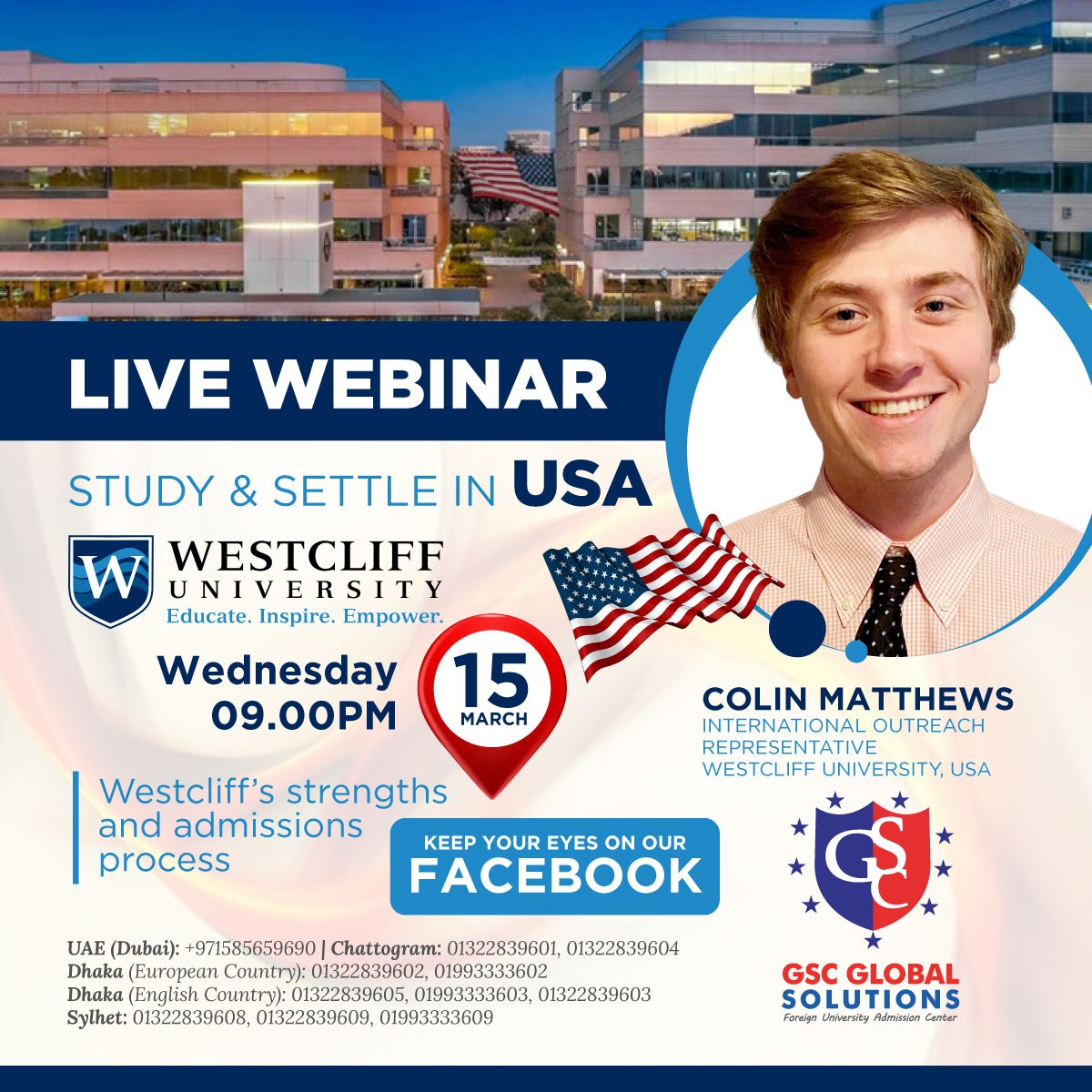 Study in USA without IELTS-Live Webinar with Westcliff University on 15 March 2023 | 09.00PM